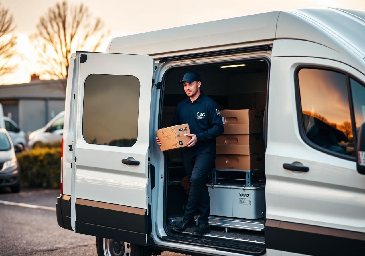 Uniformed courier driver loading a van