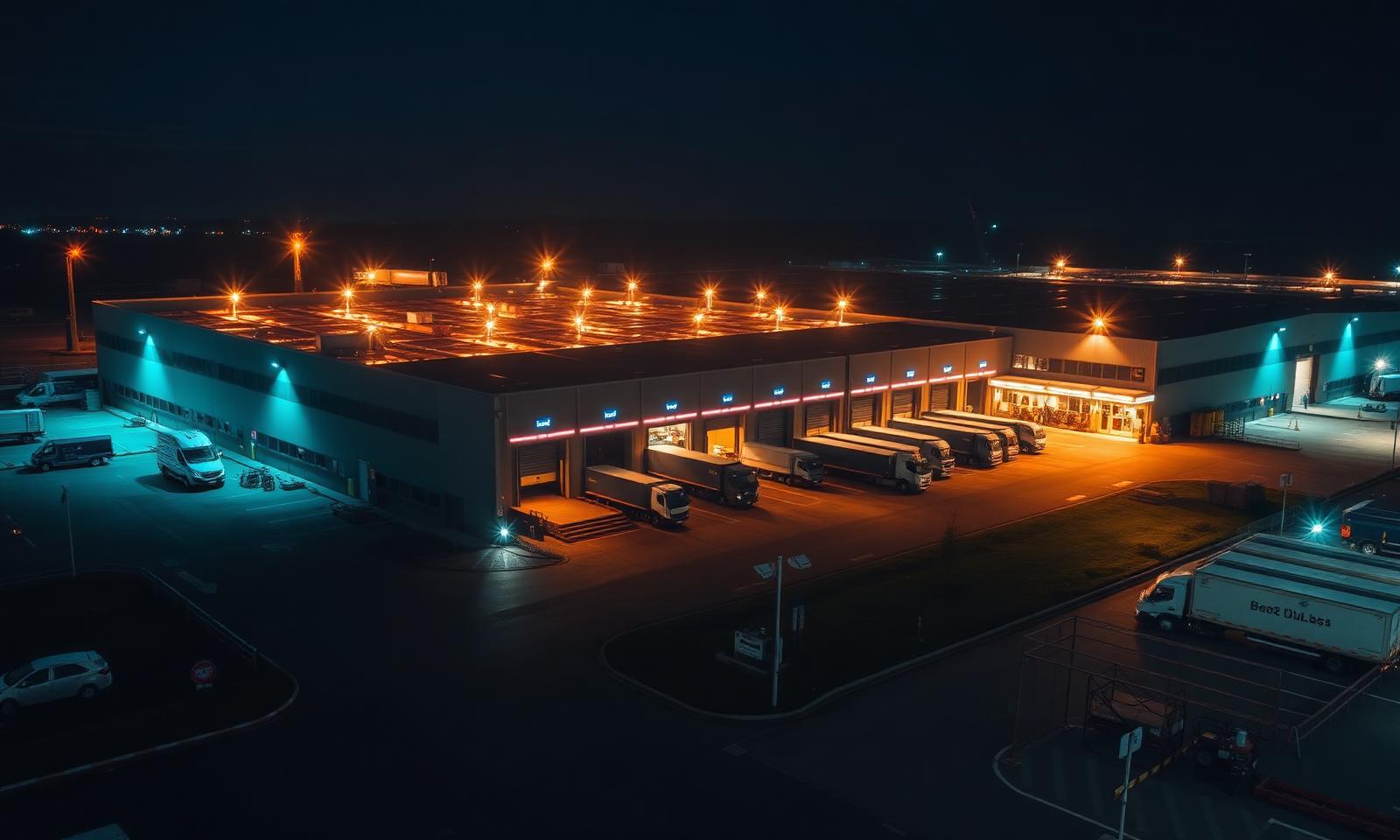 Direct Run Logistics warehouse at night